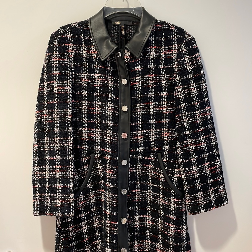 Maje Long Sleeve Tweed Dress Faux Leather Collar